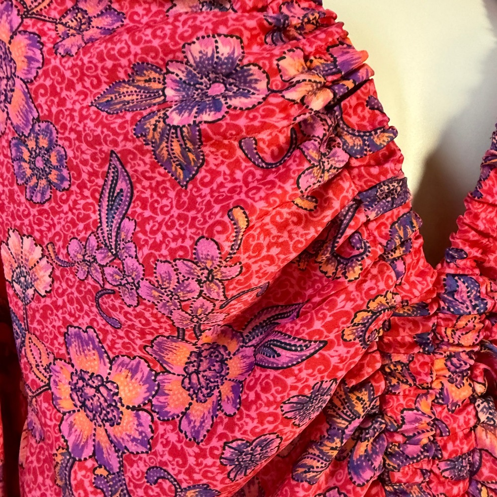 Free People Crop Top L Floral Ruched Blouse Red Pink Boho Bright Slip Smocked - Picture 14 of 16